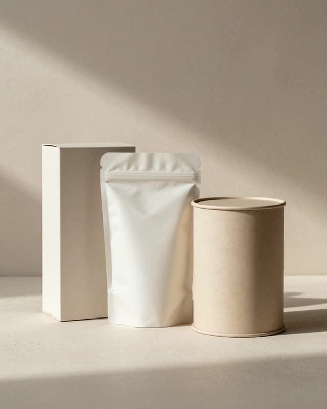 Packaging concept: three unbranded packaging forms — a rigid paperboard box, matte pouch and cylindrical paperboard canister — arranged on warm plaster in soft daylight.