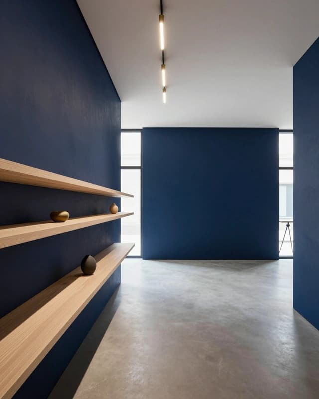 Brand environment concept: a minimal deep-navy showroom with three floating pale-oak display shelves, sculptural objects and a suspended linear light.