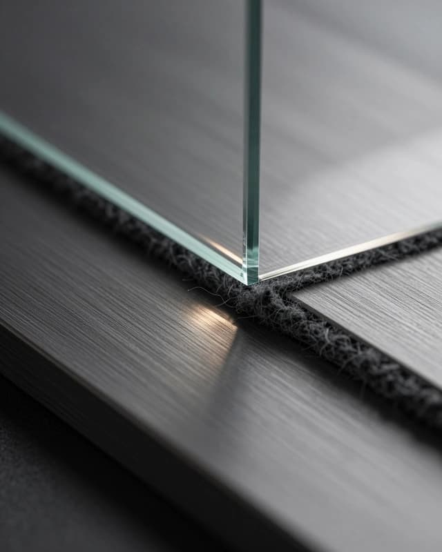 Material study: a macro view of brushed graphite metal, bevelled glass and charcoal wool meeting in shallow focus.